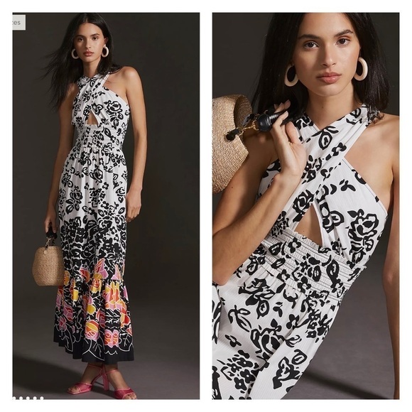 PLENTY by TRACY REESE Anthropologie White Printed Halter Maxi Dress small NWT - Picture 1 of 11